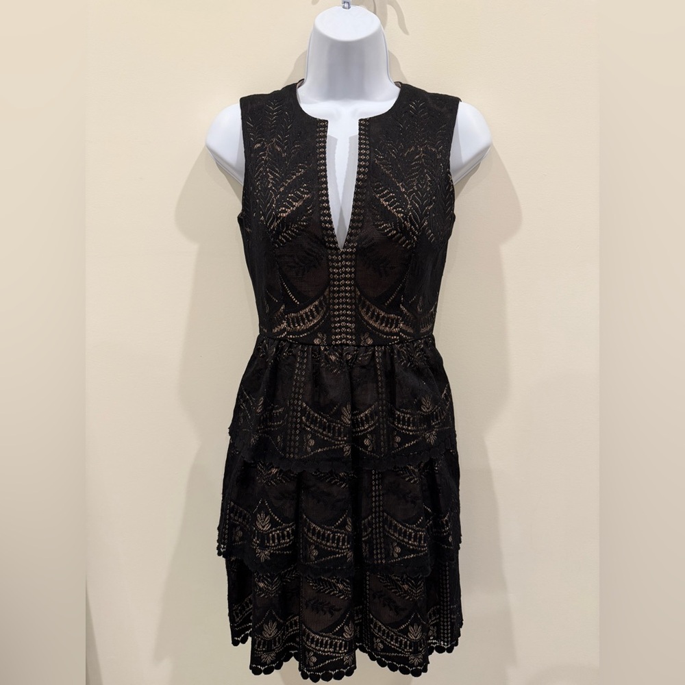 BCBGMaxAzria Black and Gold Lace Mini Dress